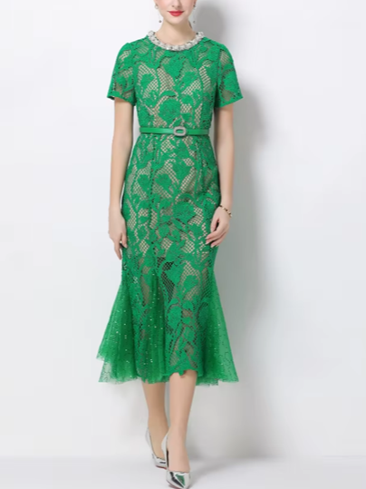 Elegant Green Floral Crochet Fishtail Lace Dress