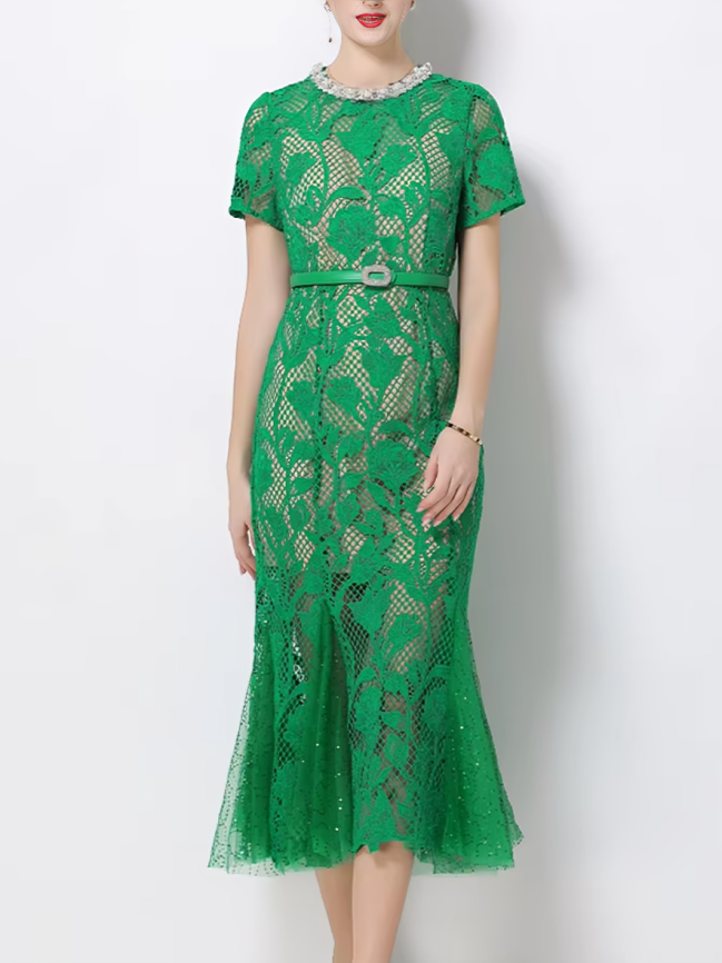 Elegant Green Floral Crochet Fishtail Lace Dress