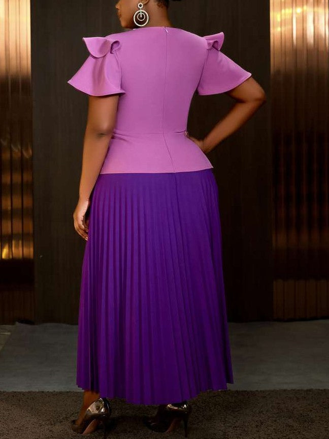 Elegant Look Contrast Color Ruffle Sleeve Pleated Purple Maxi Dress
