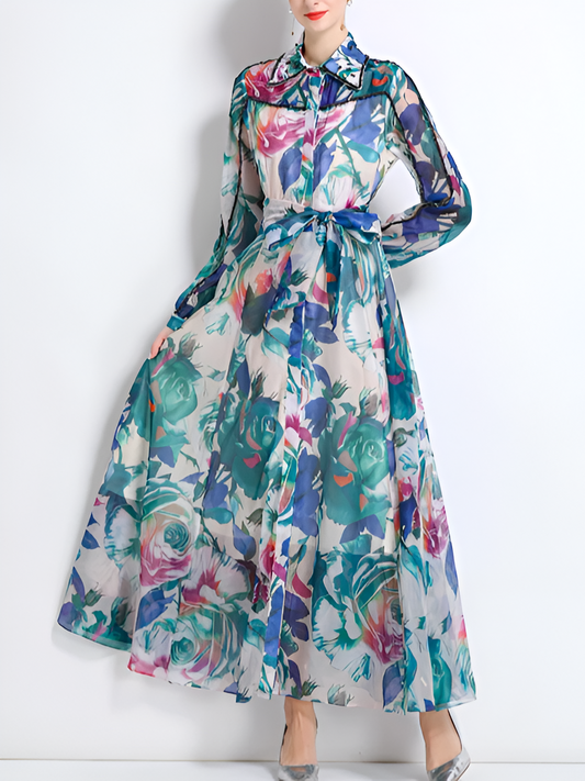 Elegant Nail Bead Swing Printed Green Dress