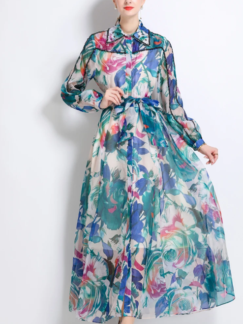 Elegant Nail Bead Swing Printed Green Dress
