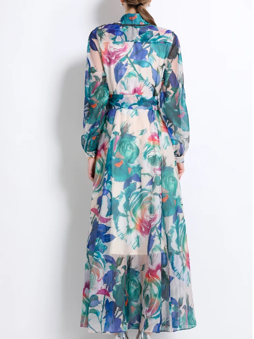 Elegant Nail Bead Swing Printed Green Dress