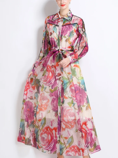 Elegant Nail Bead Swing Printed Red Dress