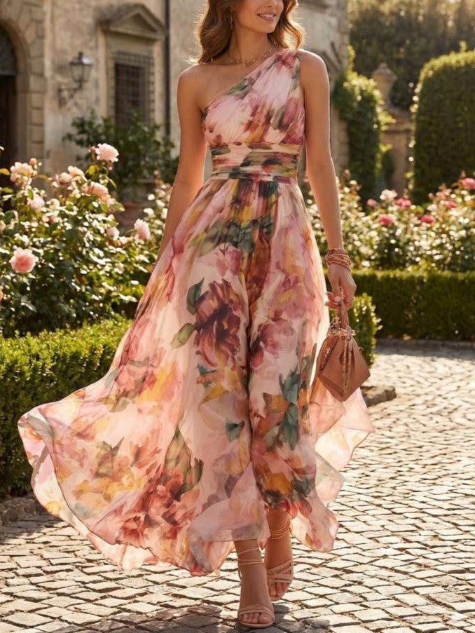 Elegant One Shoulder Floral Maxi Vacation Dress