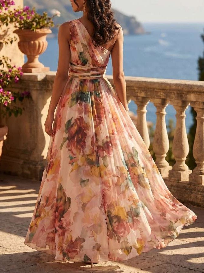 Elegant One Shoulder Floral Maxi Vacation Dress