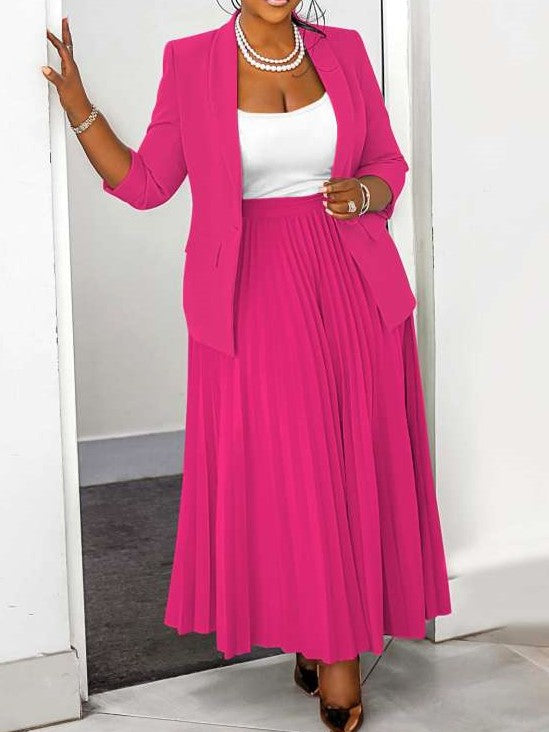 Elegant Plain Tailored Collar Blazer With Pleated Pink Skirt Set