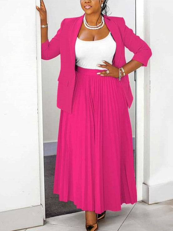 Elegant Plain Tailored Collar Blazer With Pleated Pink Skirt Set