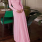 Elegant Pleated Crewneck Elasticized Pink Long Dress