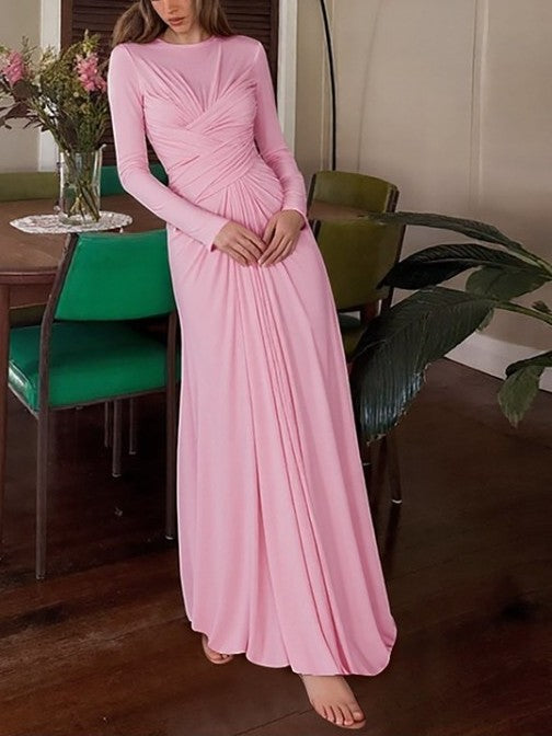 Elegant Pleated Crewneck Elasticized Pink Long Dress