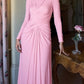 Elegant Pleated Crewneck Elasticized Pink Long Dress