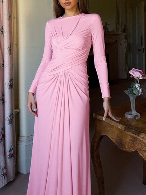 Elegant Pleated Crewneck Elasticized Pink Long Dress