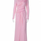 Elegant Pleated Crewneck Elasticized Pink Long Dress