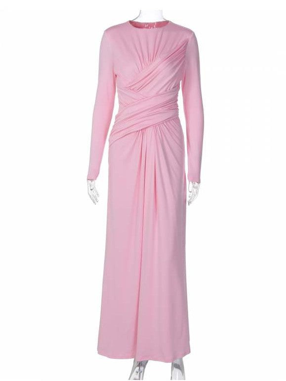 Elegant Pleated Crewneck Elasticized Pink Long Dress