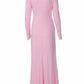 Elegant Pleated Crewneck Elasticized Pink Long Dress
