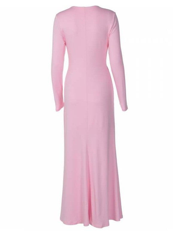 Elegant Pleated Crewneck Elasticized Pink Long Dress