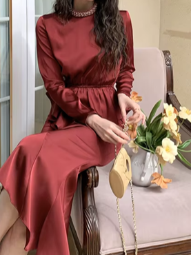 Elite Satin Beaded Decor Pencil Red Skirt Set