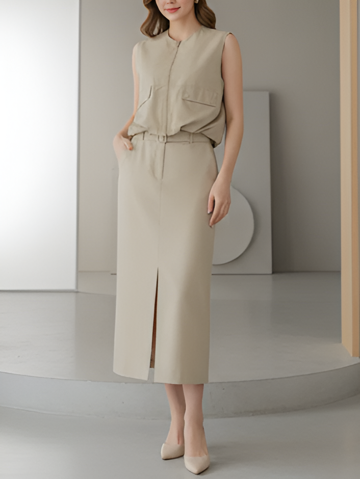 Elite Sleeveless Zipper Waist Coat With Skirt Co Ord Set