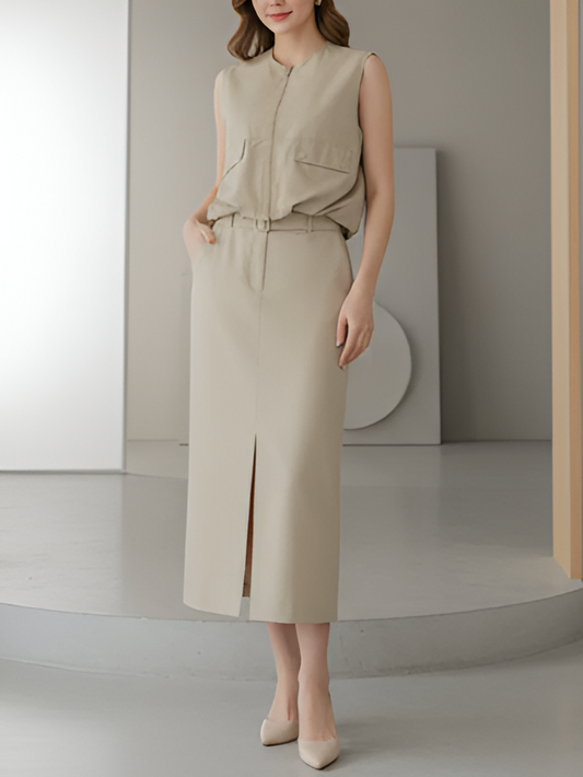 Elite Sleeveless Zipper Waist Coat With Skirt Co Ord Set