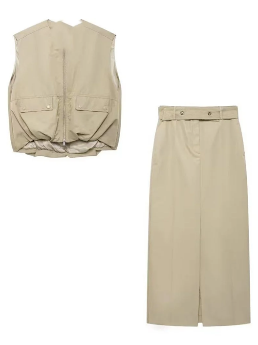 Elite Sleeveless Zipper Waist Coat With Skirt Co Ord Set