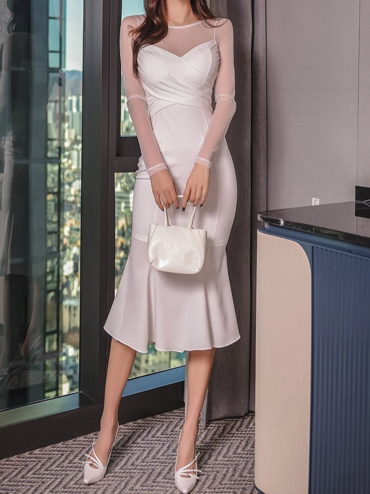 Elite White Mermaid Slim Midi Dress - Ships in 24 Hrs