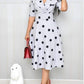 Evergreen Polka Dots Swing Lapel Midi White Dress With Belt