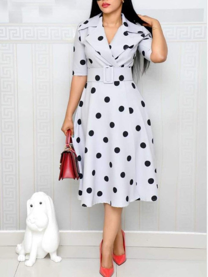 Evergreen Polka Dots Swing Lapel Midi White Dress With Belt