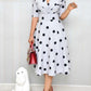 Evergreen Polka Dots Swing Lapel Midi White Dress With Belt