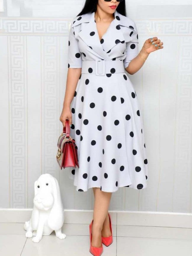 Evergreen Polka Dots Swing Lapel Midi White Dress With Belt