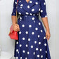 Evergreen Polka Dots Swing Lapel Midi Blue Dress With Belt