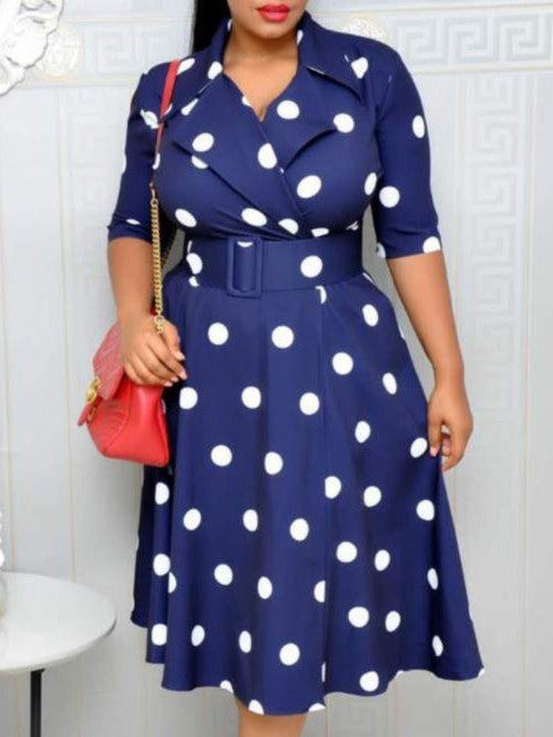 Evergreen Polka Dots Swing Lapel Midi Blue Dress With Belt
