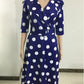 Evergreen Polka Dots Swing Lapel Midi Blue Dress With Belt