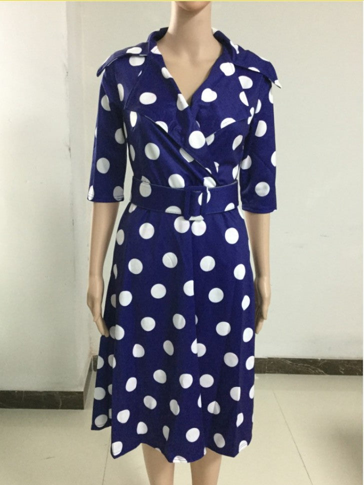 Evergreen Polka Dots Swing Lapel Midi Blue Dress With Belt