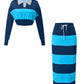 Evergreen Stripes Contrast Cropped Polo Skirt Blue Co ord Set
