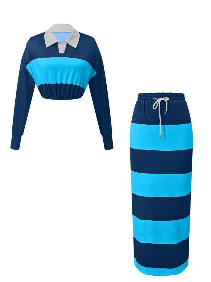 Evergreen Stripes Contrast Cropped Polo Skirt Blue Co ord Set