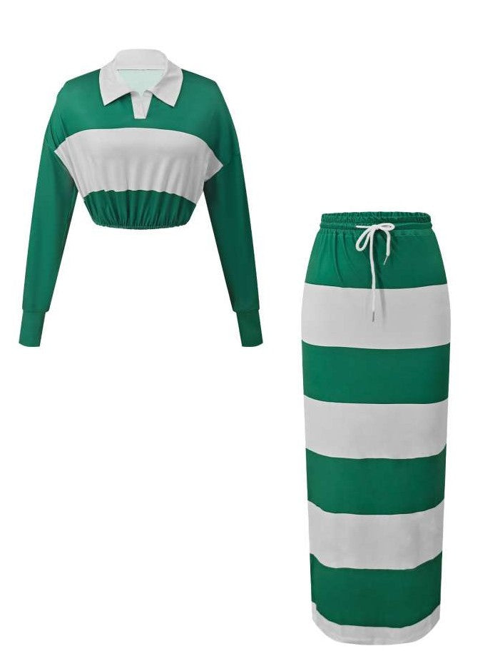 Evergreen Stripes Contrast Cropped Polo Skirt White Co ord Set