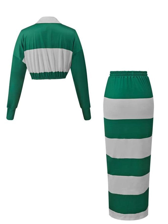 Evergreen Stripes Contrast Cropped Polo Skirt White Co ord Set