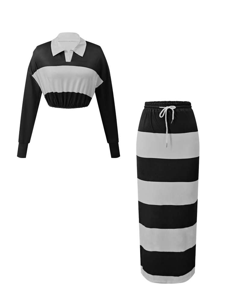 Evergreen Stripes Contrast Cropped Polo Skirt Black Co ord Set