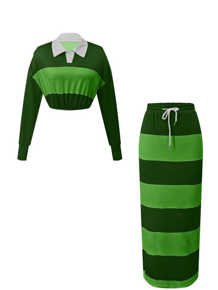 Evergreen Stripes Contrast Cropped Polo Skirt Green Co ord Set
