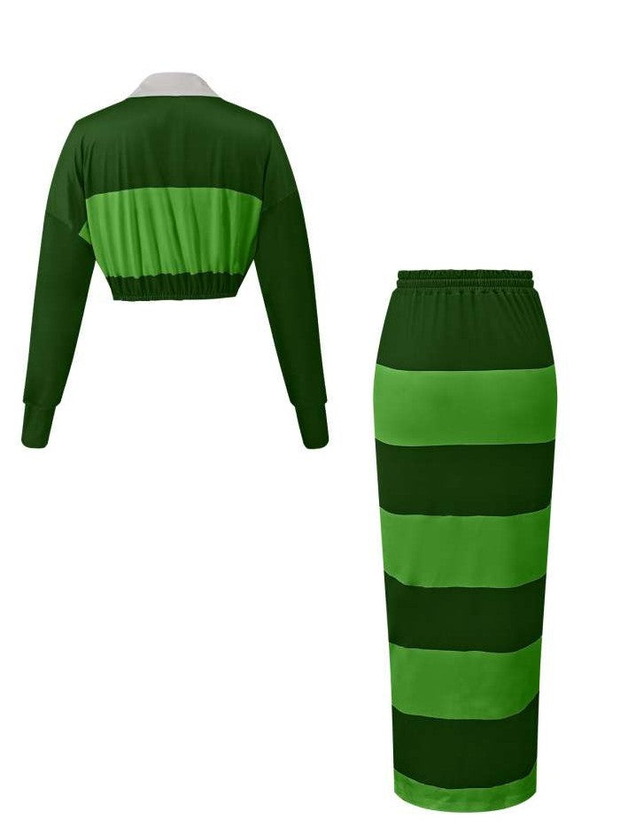 Evergreen Stripes Contrast Cropped Polo Skirt Green Co ord Set