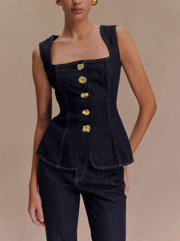 Exclusive Buckle Decor Deep Blue Denim Co ord Set