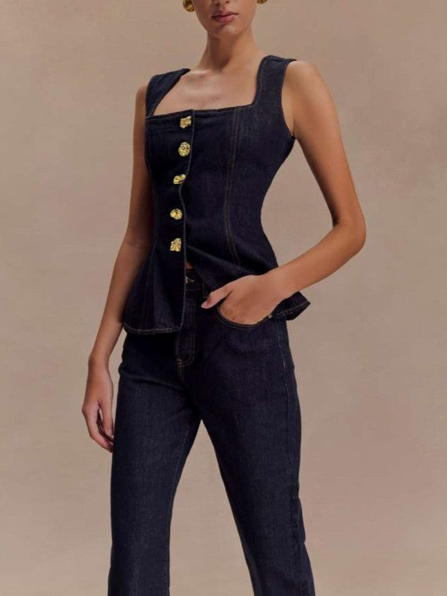 Exclusive Buckle Decor Deep Blue Denim Co ord Set