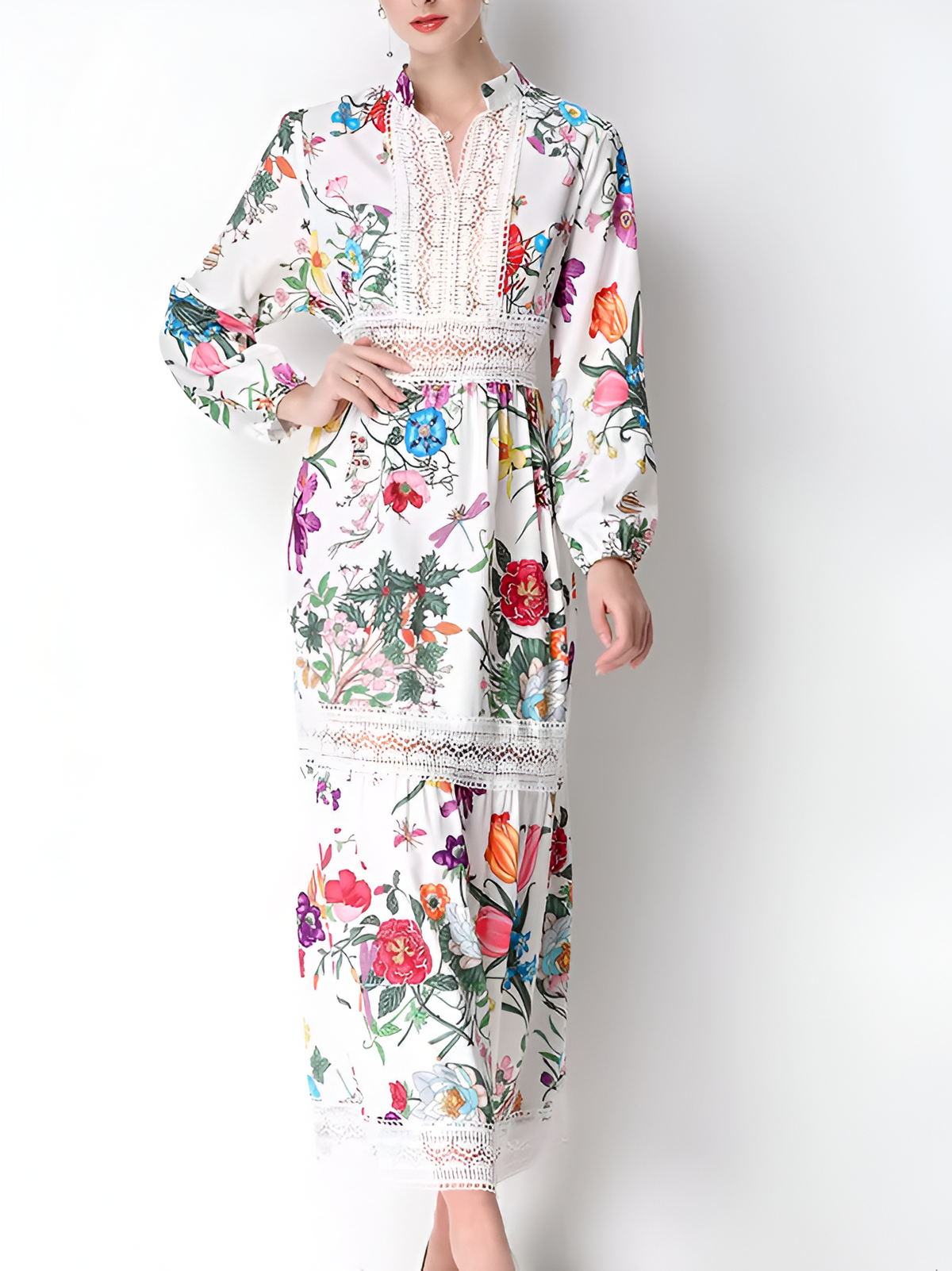 Exclusive Flower Print Hollow Out Lace Long Sleeve Dress