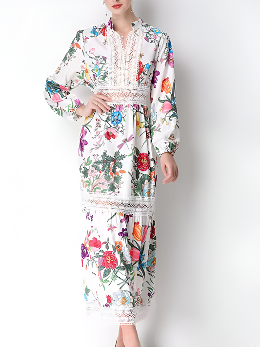 Exclusive Flower Print Hollow Out Lace Long Sleeve Dress