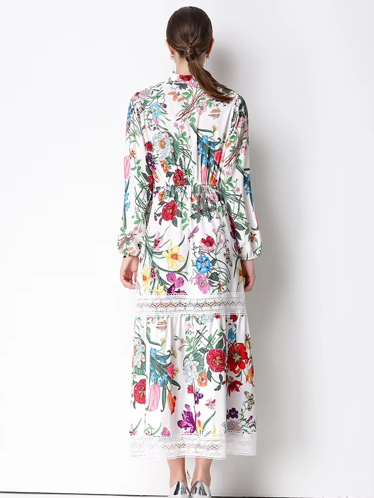 Exclusive Flower Print Hollow Out Lace Long Sleeve Dress