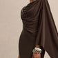 Exclusive Irregular Ruched Shawl Ribbons Brown Midi Dress