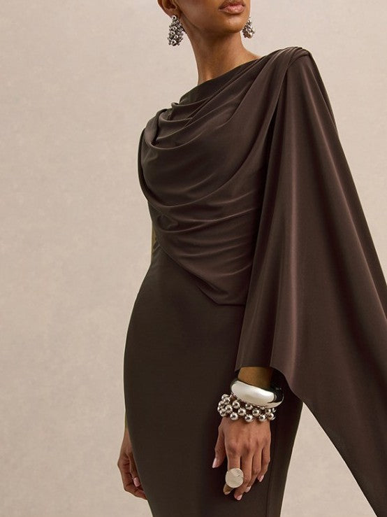 Exclusive Irregular Ruched Shawl Ribbons Brown Midi Dress