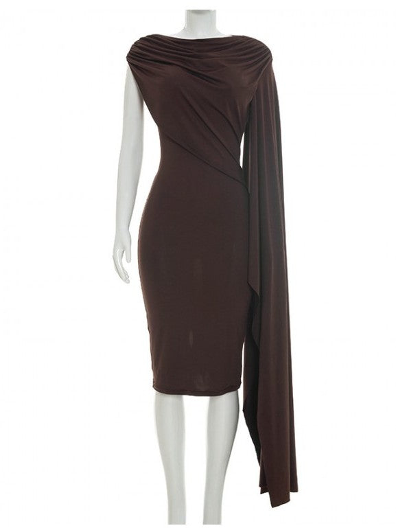 Exclusive Irregular Ruched Shawl Ribbons Brown Midi Dress