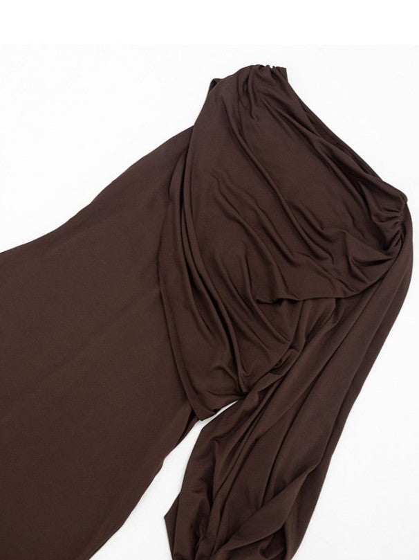 Exclusive Irregular Ruched Shawl Ribbons Brown Midi Dress