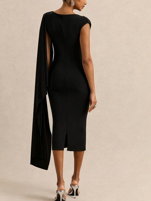 Exclusive Irregular Ruched Shawl Ribbons Midi Dress