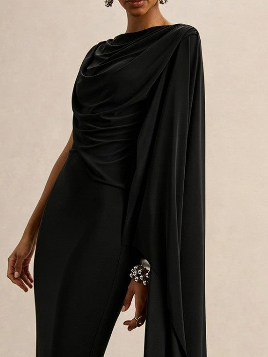 Exclusive Irregular Ruched Shawl Ribbons Midi Dress